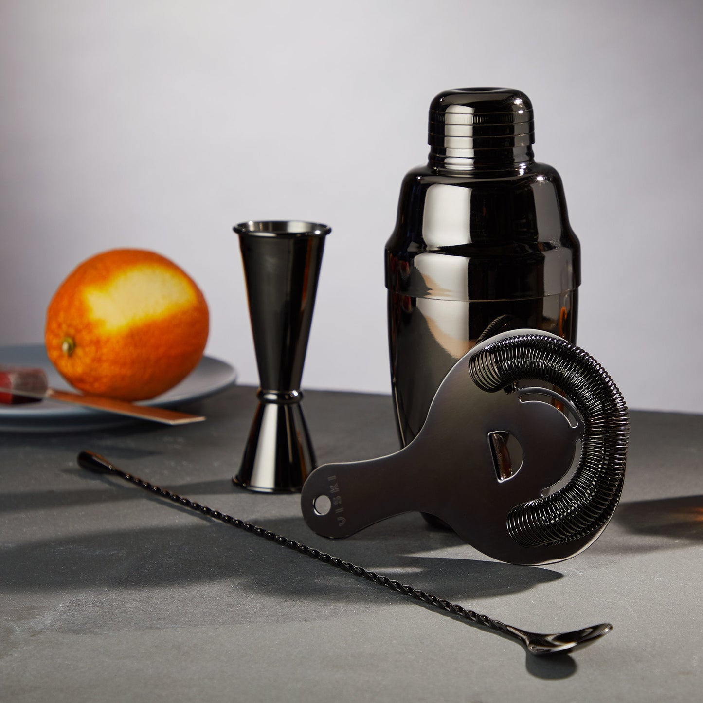 Warren 4 Piece Steel and Gunmetal Barware Set