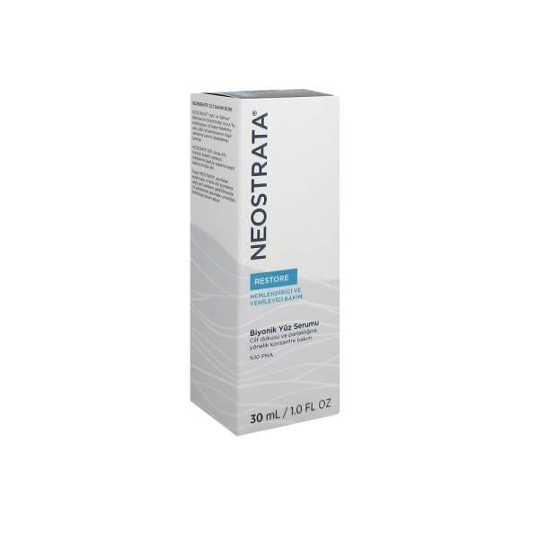 Neostrata Restore Biyonik Face Serum box, white packaging with blue RESTORE label on Tampa Home & Garden Store