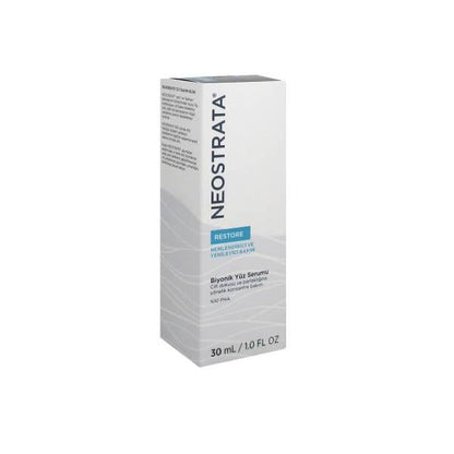 Neostrata Restore Biyonik Face Serum box, white packaging with blue RESTORE label on Tampa Home & Garden Store