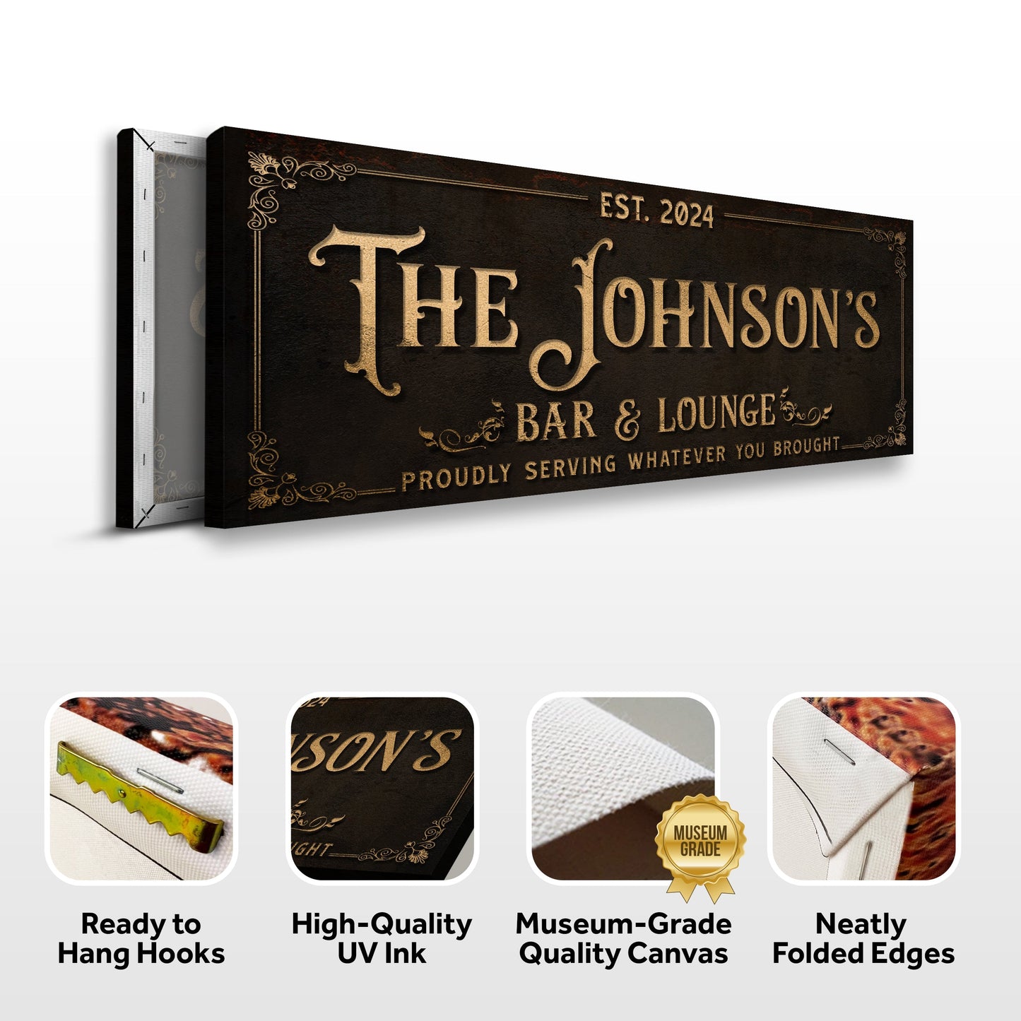 Custom Bar & Lounge Sign III canvas with dark textured background, antique gold lettering EST. 2024 on Tampa Home & Garden Store