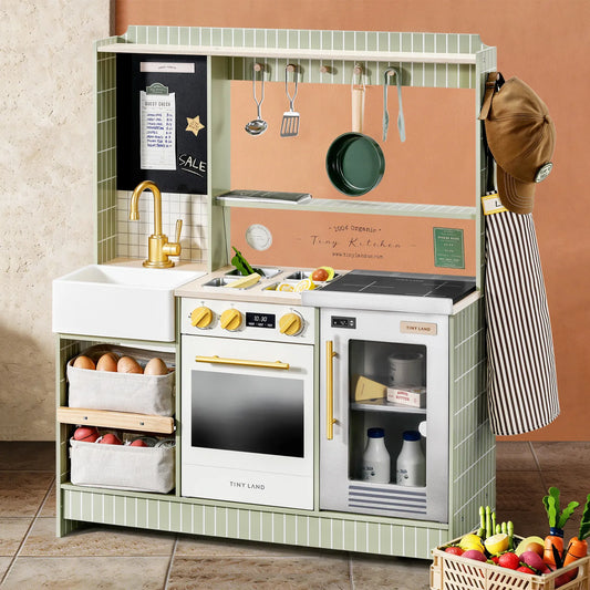 Tiny Land BistroSwitch Play Kitchen in sage green with gold faucet and hanging utensils on Tampa Home & Garden Store