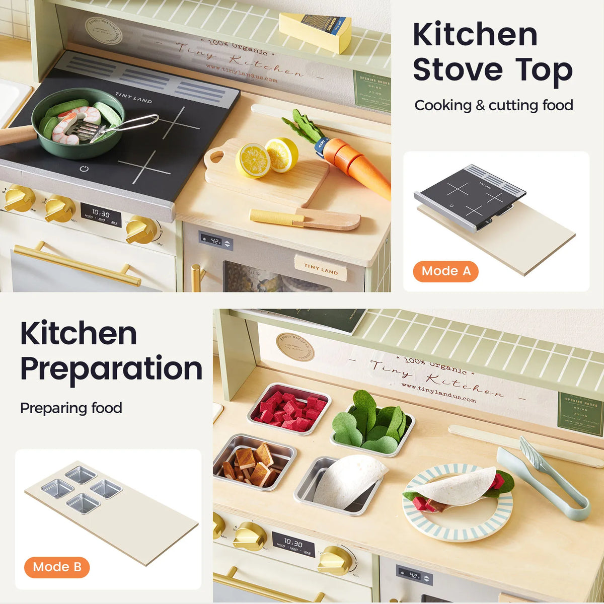Tiny Land BistroSwitch Play Kitchen stove top with black induction surface and gold knobs on Tampa Home & Garden Store