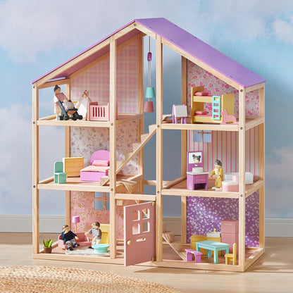 Tiny Land Dollhouse with pink walls, purple roof, wooden frame and mini furniture on Tampa Home & Garden Store