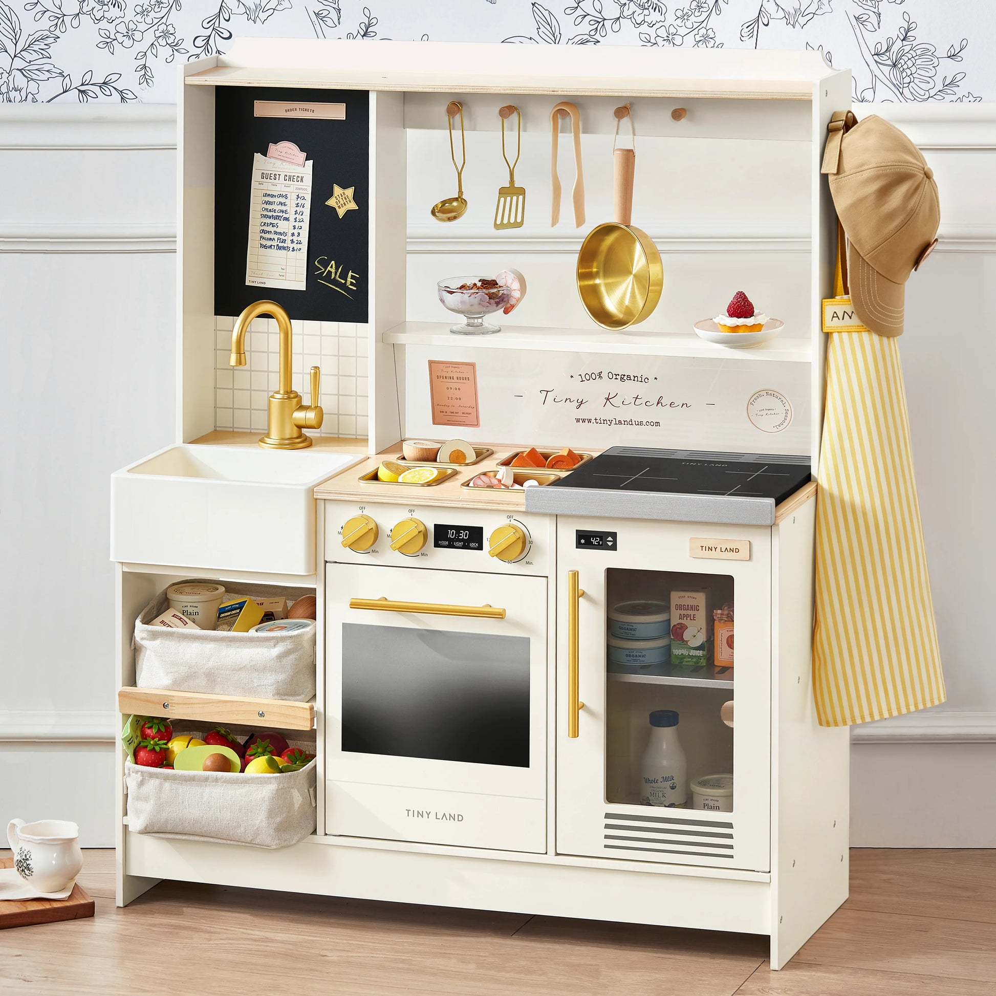 Tiny Land BistroSwitch Play Kitchen white with gold accents hanging utensils on Tampa Home & Garden Store