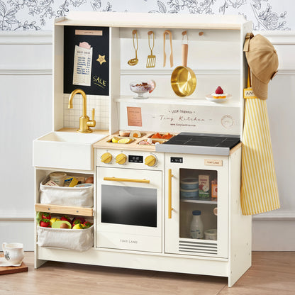 Tiny Land BistroSwitch Play Kitchen white with gold accents hanging utensils on Tampa Home & Garden Store