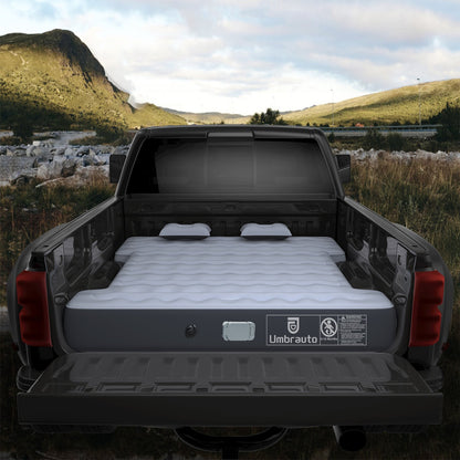 Umbrauto Truck Bed Air Mattress 5.5–6.5ft built-in pump, white, 2 pillows in black pickup on Tampa Home & Garden Store
