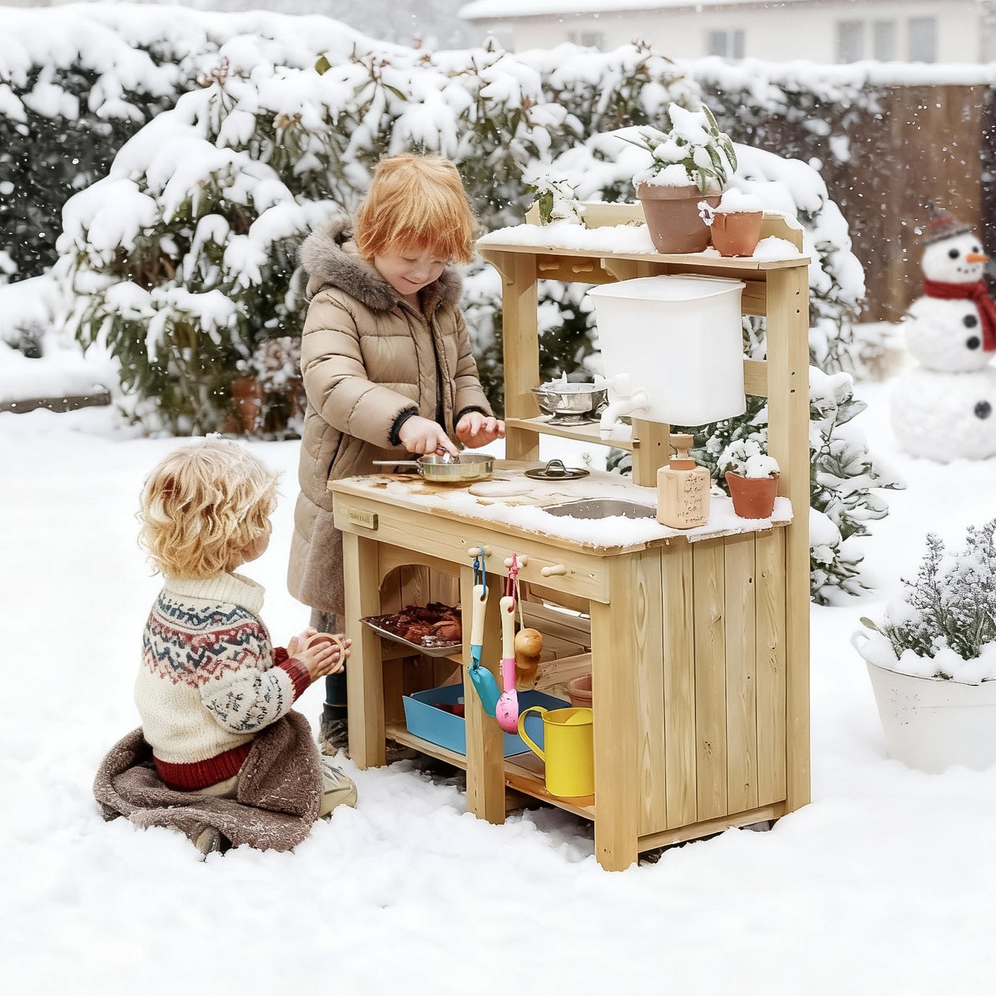 Tiny Land Mud Kitchen DuoPlay wooden outdoor play kitchen for kids with pots, pans, and utensils on Tampa Home & Garden Store