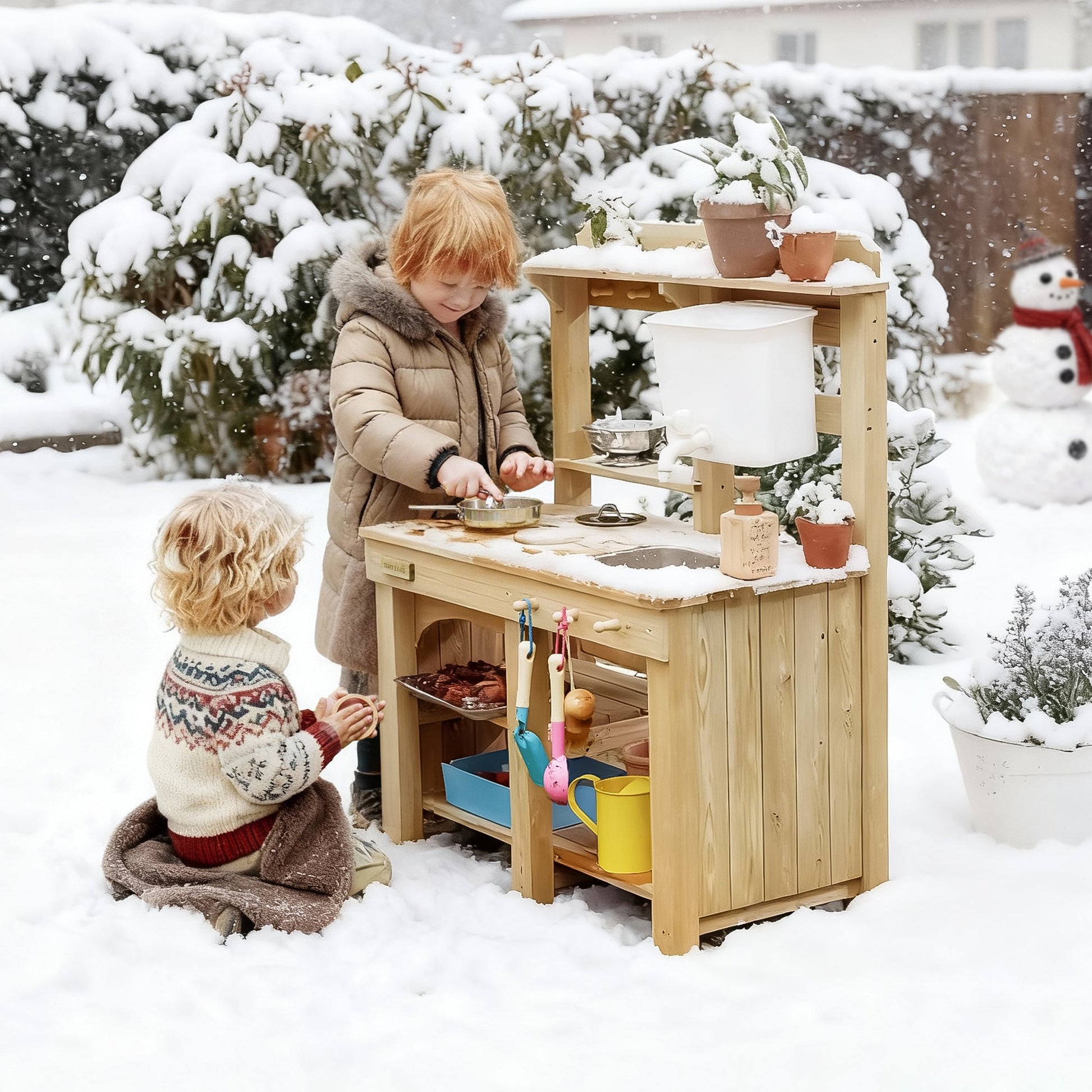Tiny Land Mud Kitchen DuoPlay wooden outdoor play kitchen for kids with pots, pans, and utensils on Tampa Home & Garden Store