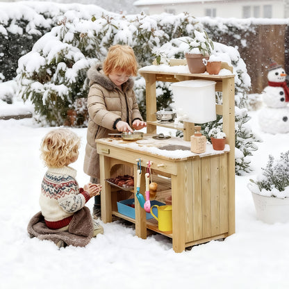 Tiny Land Mud Kitchen DuoPlay wooden outdoor play kitchen for kids with pots, pans, and utensils on Tampa Home & Garden Store