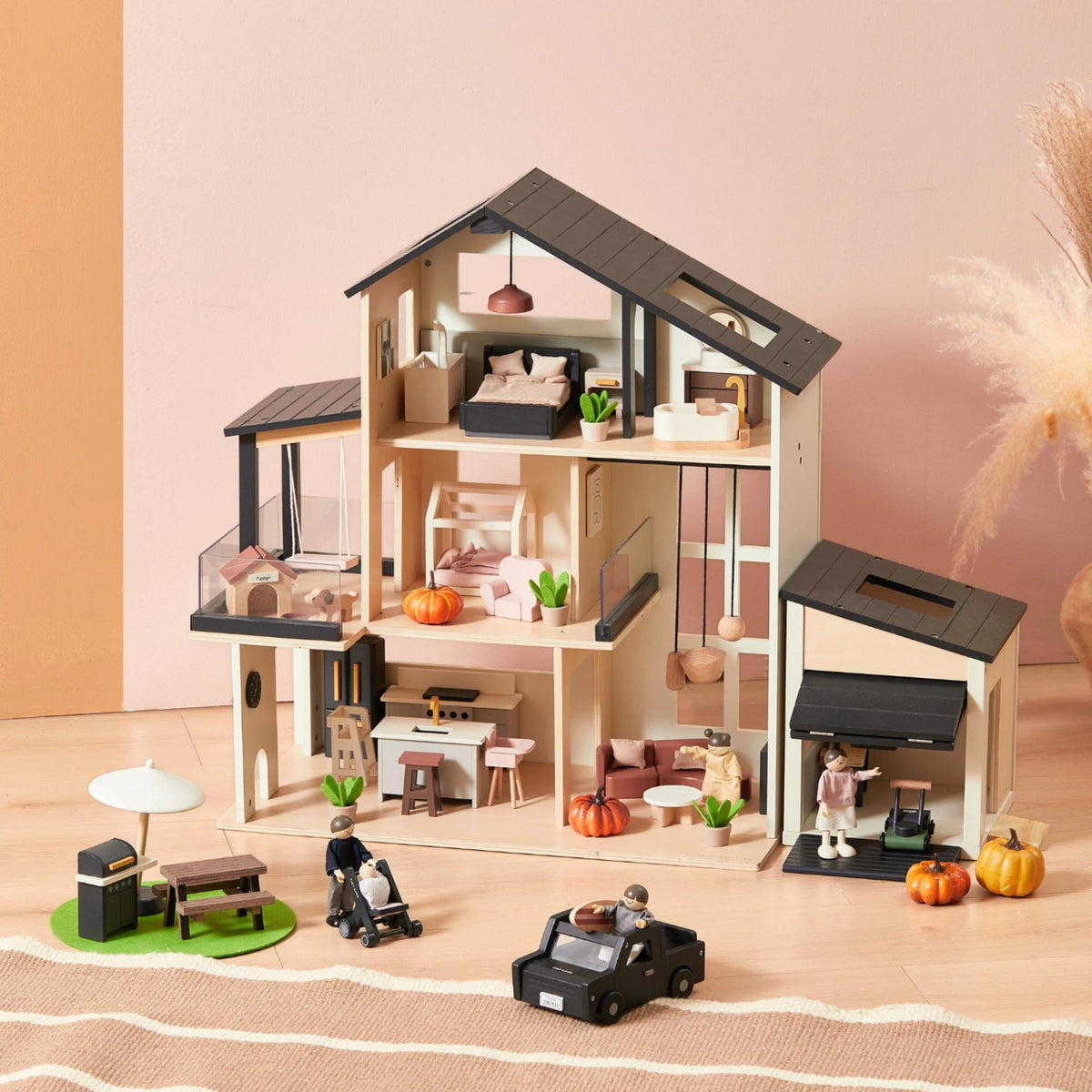 Sweet Family Gift Set black dollhouse with garage and extra dolls by Tiny Land INC on Tampa Home & Garden Store