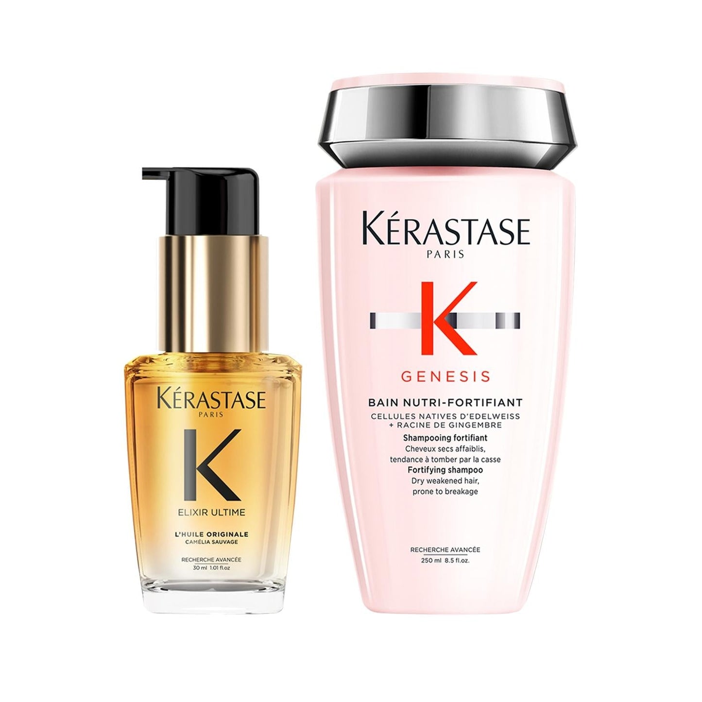 Kerastase Elixir Ultime hair oil & Genesis Fortifying Shampoo two-piece set in gold and pink bottles on Tampa Home & Garden Store