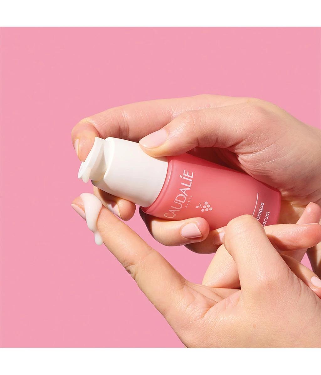 Caudalie VinoHydra Hyaluronic Serum bottle with pink pump, facial serum for all skin types on Tampa Home & Garden Store