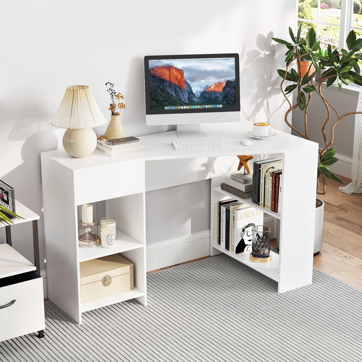 48 Inches L Shaped Corner Executive Computer Desk with Drawer-White
