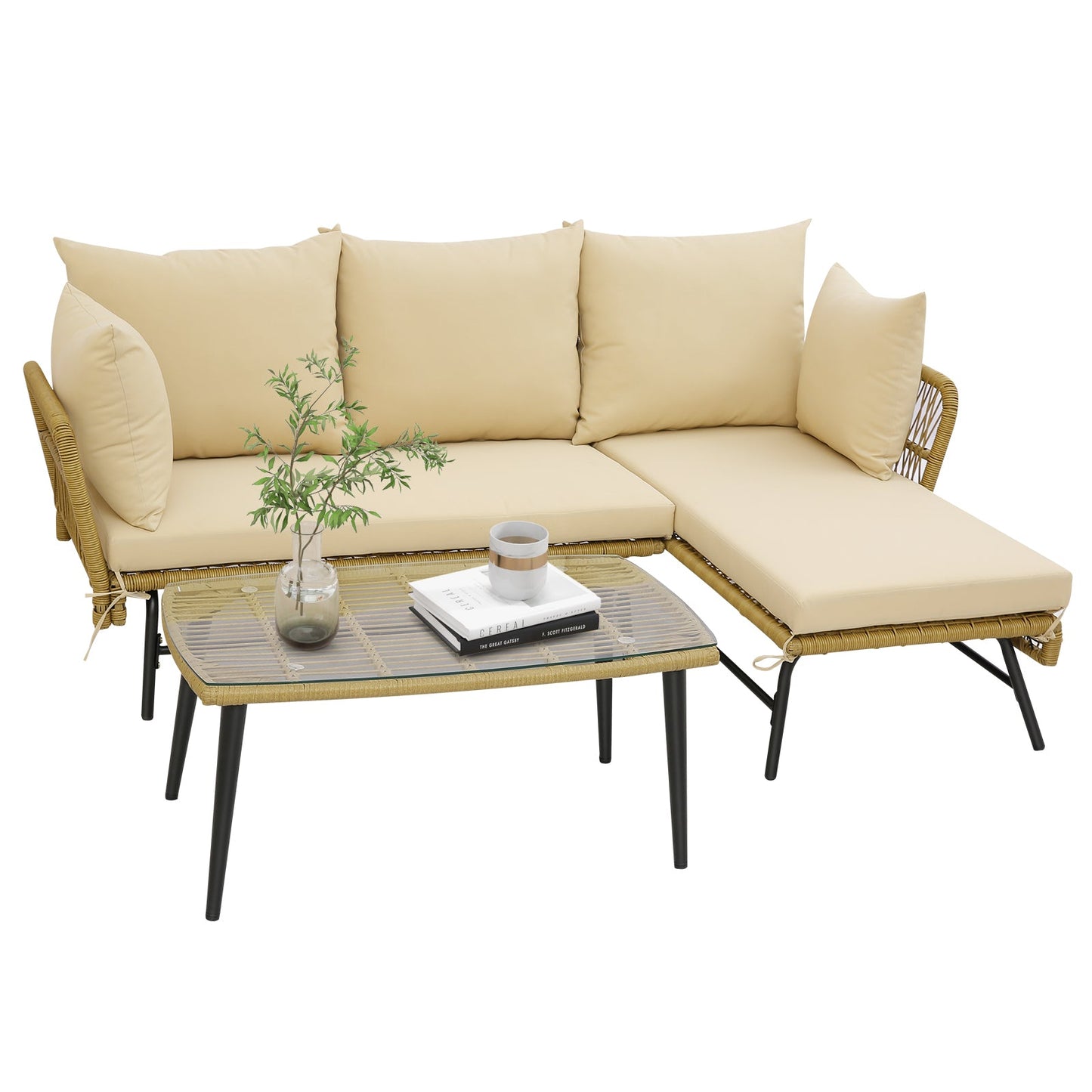 Sofá de patio en forma de L de 3 piezas con cojines y mesa de cristal templado - Negro