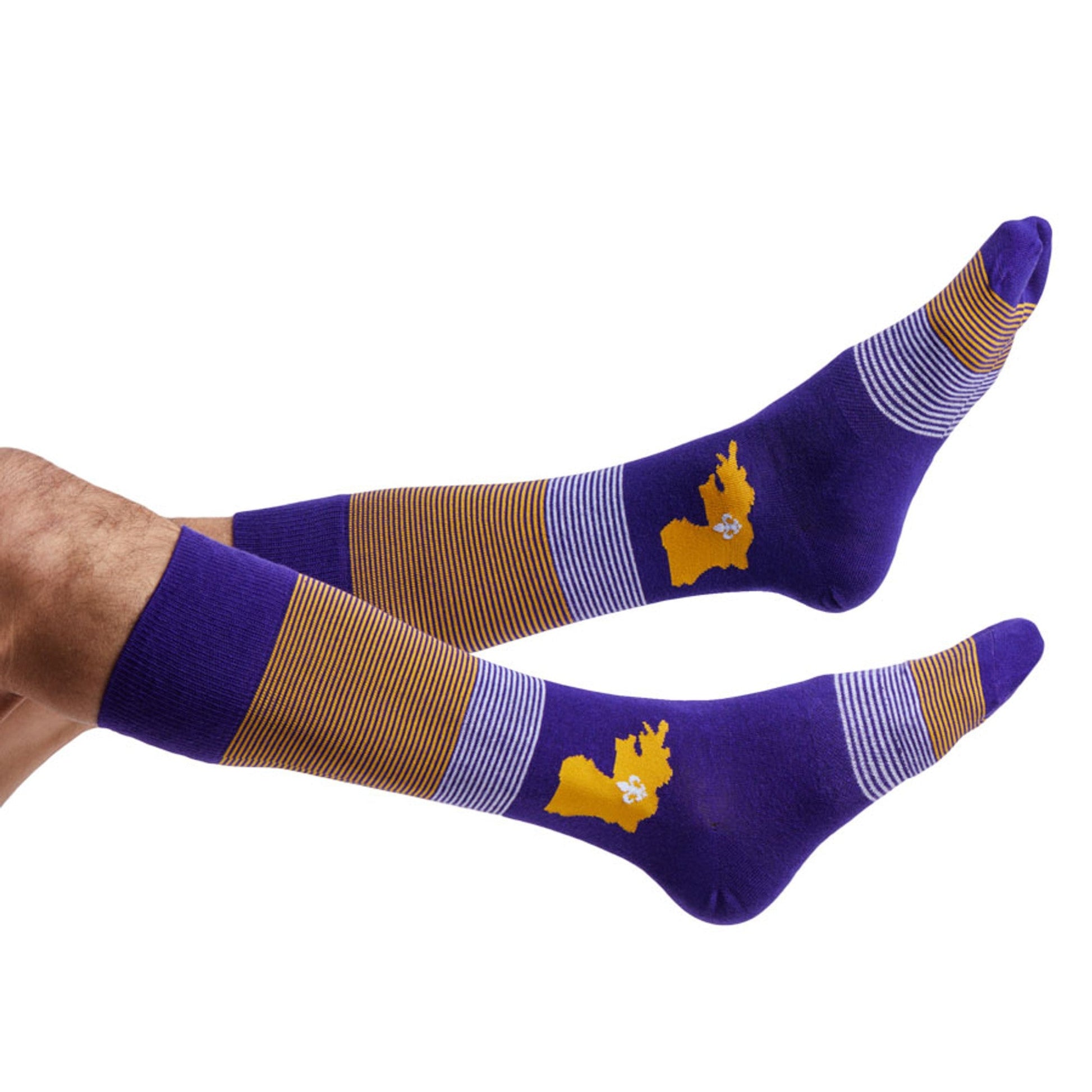 LA Mixed 4Pack DeadSoxy socks in purple with gold stripes, 2 socks shown on leg on Tampa Home & Garden Store