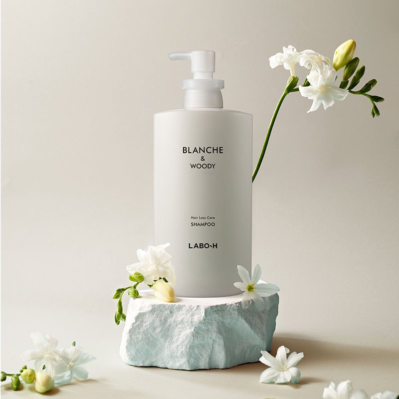 LABO-H Scalp Strengthening Shampoo bottle in Blanche & Woody, white 750ml pump, Seoulia on Tampa Home & Garden Store