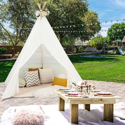 GemGear Lace Teepee Tent with colorful light strings for kids, white lace and cushions on Tampa Home & Garden Store