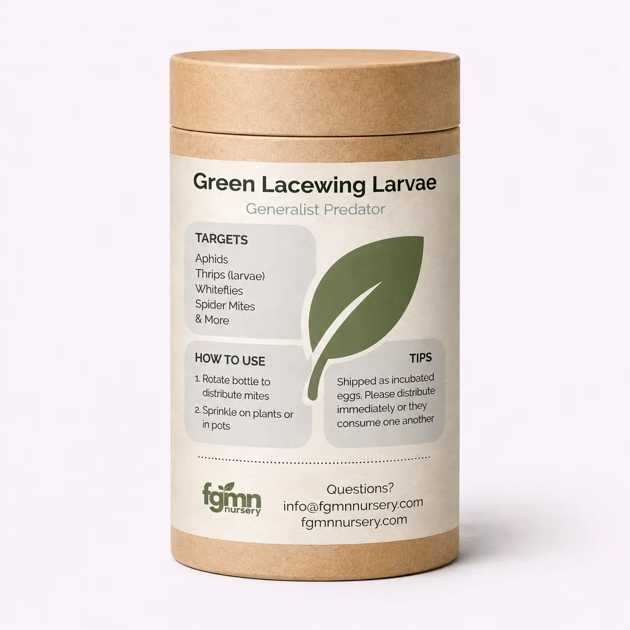 Green Lacewing Larvae aphid control jar by FGMN Nursery, pest prevention product on Tampa Home & Garden Store