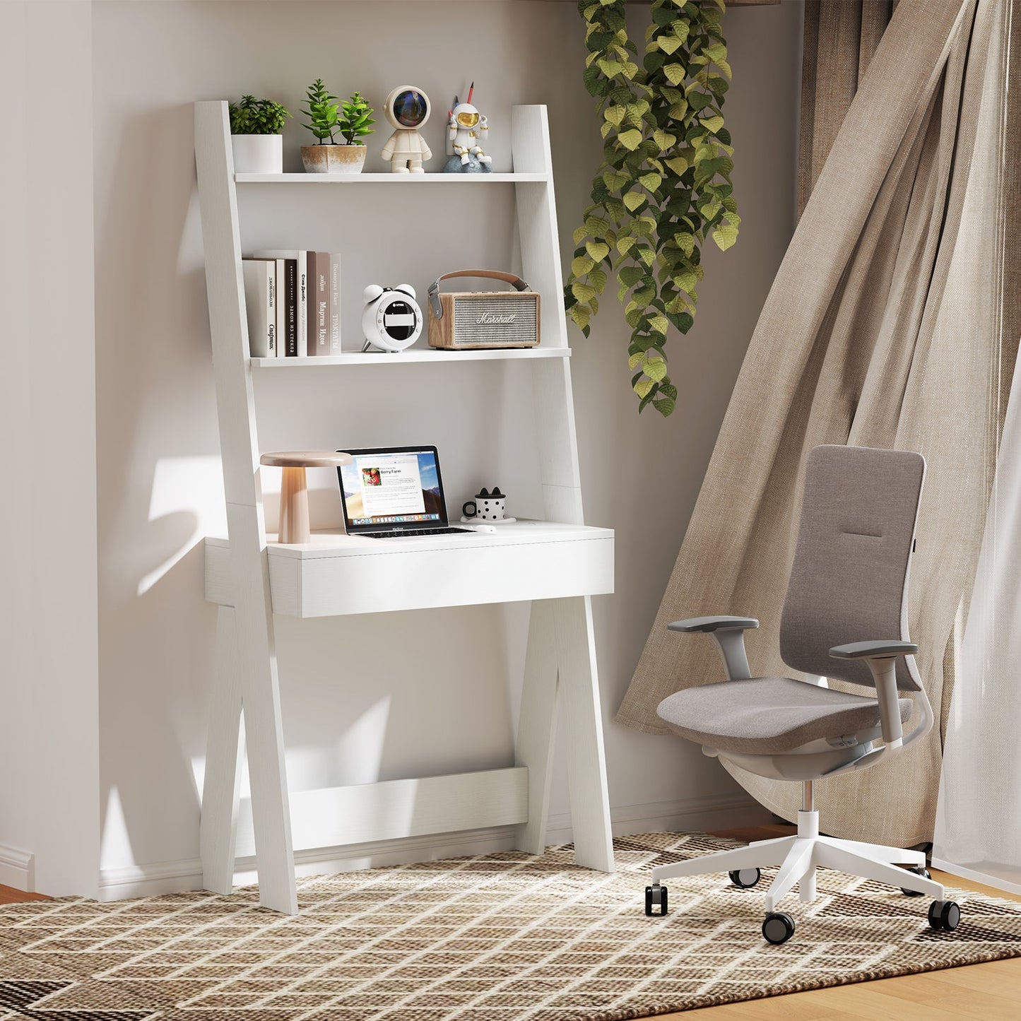 Ladder Shelf Desk with Countertop Drawer and Anti-Toppling Device-Oak