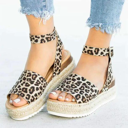 Leopard print platform sandals with ankle straps and espadrille jute-wrapped sole by Stevvex on Tampa Home & Garden Store