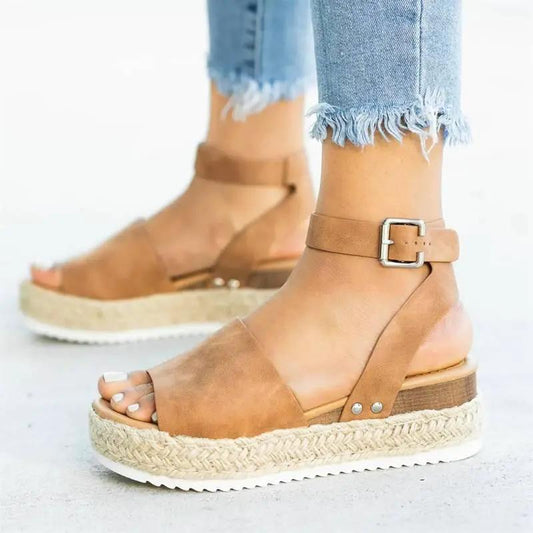 Stevvex tan leather espadrille sandals with ankle buckle platform jute sole pair on Tampa Home & Garden Store