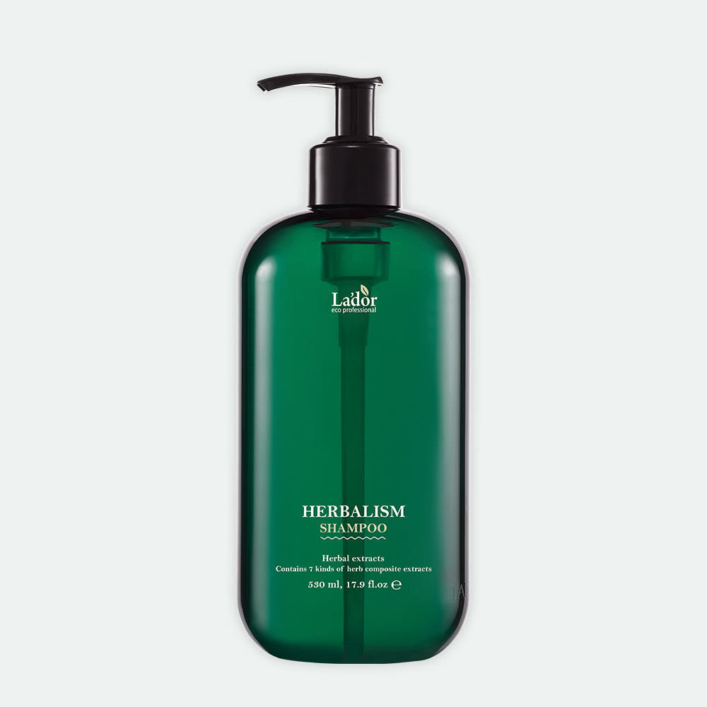 LADOR Herbalism Shampoo bottle, green 530ml with black pump, Seoulia logo on Tampa Home & Garden Store