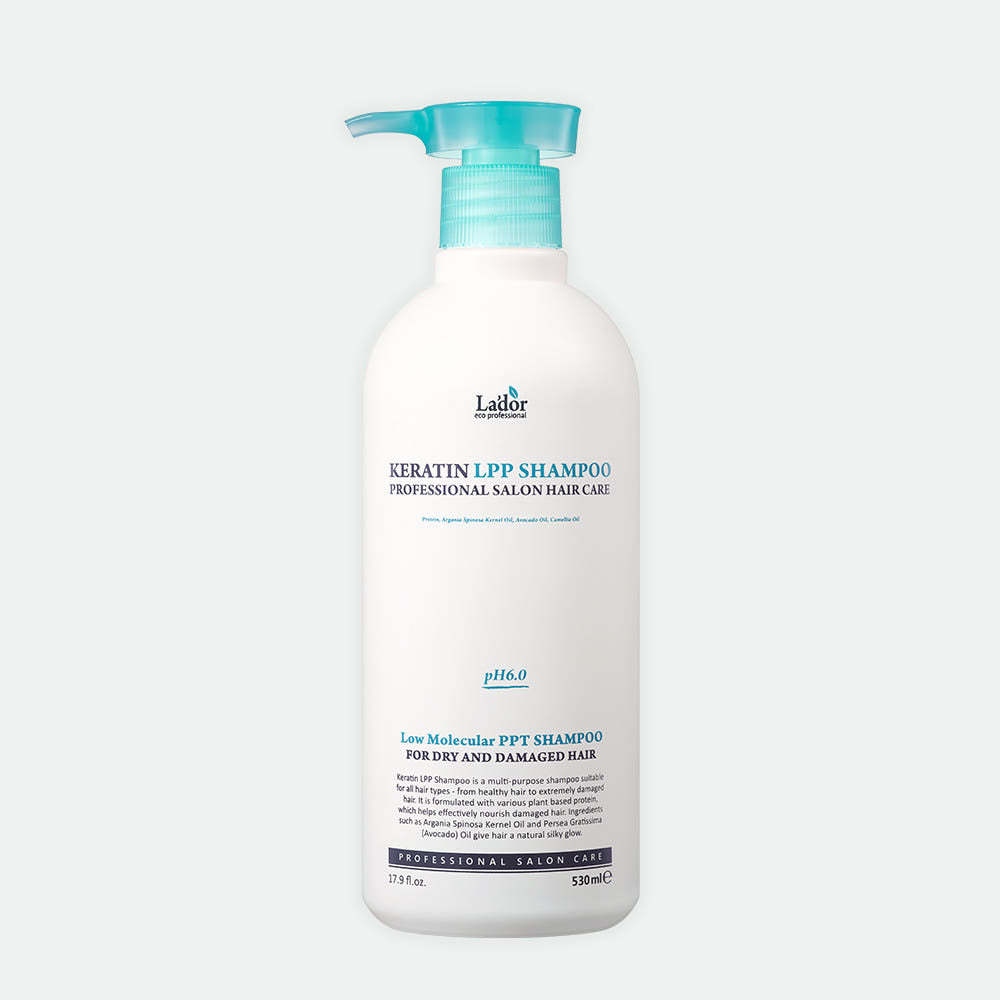 LADOR Keratin LPP Shampoo 530ml bottle with teal pump, white container, Seoulia label on Tampa Home & Garden Store

