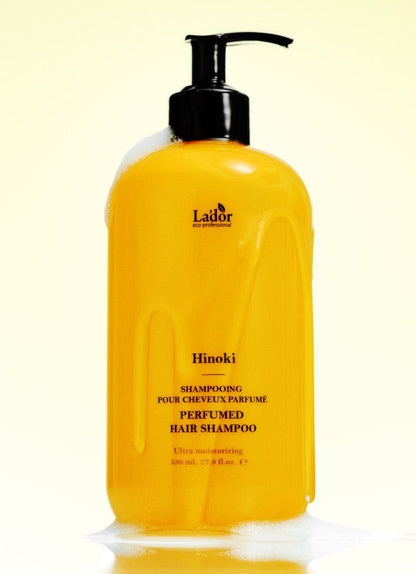 Lador Hinoki Perfumed Hair Shampoo bottle with pump; orange-yellow plastic, 530 ml on Tampa Home & Garden Store