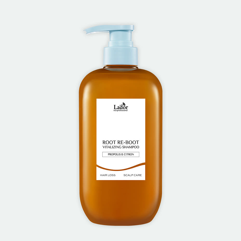 Lador Root Re-Boot Vitalizing Shampoo bottle, amber plastic with blue pump, white label Seoulia on Tampa Home & Garden Store