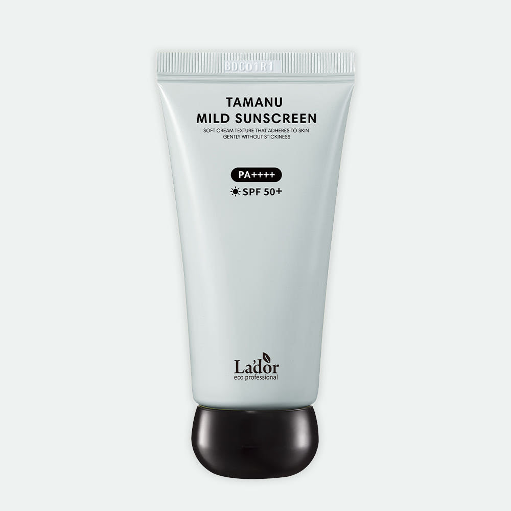 LADOR Tamanu Mild Sunscreen tube in light blue with black cap; 50ml, La'dor eco professional logo visible on Tampa Home & Garden Store