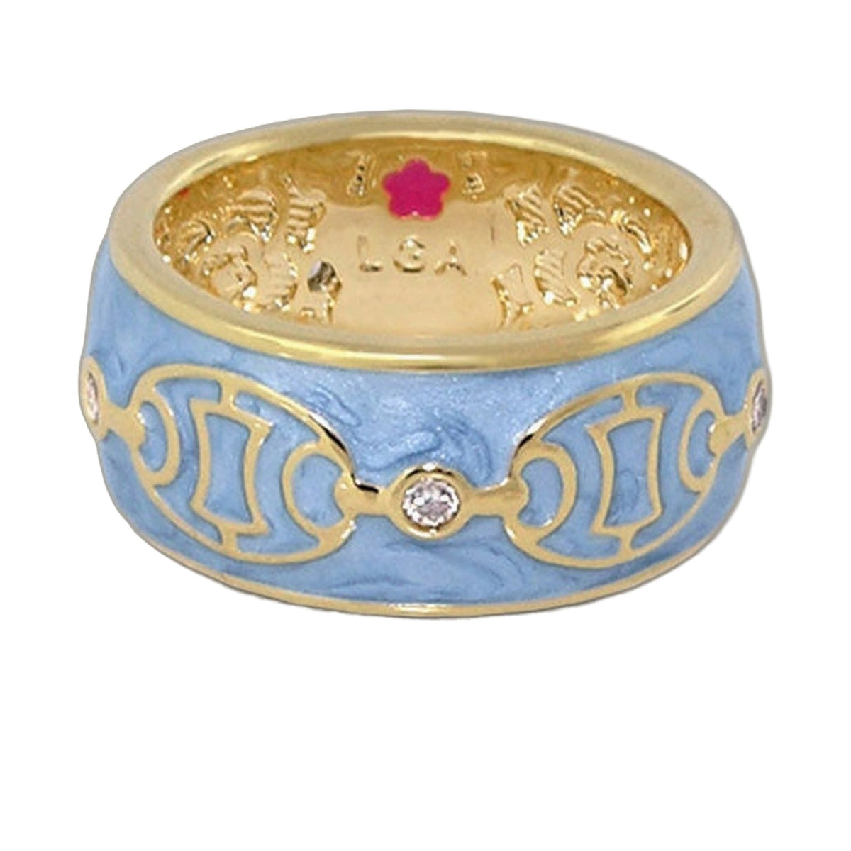 Laguna Links Band Ring by Lauren G Adams, blue ceramic band with gold trim and pink flower interior detail on Tampa Home & Garden Store