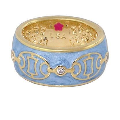 Laguna Links Band Ring by Lauren G Adams, blue ceramic band with gold trim and pink flower interior detail on Tampa Home & Garden Store