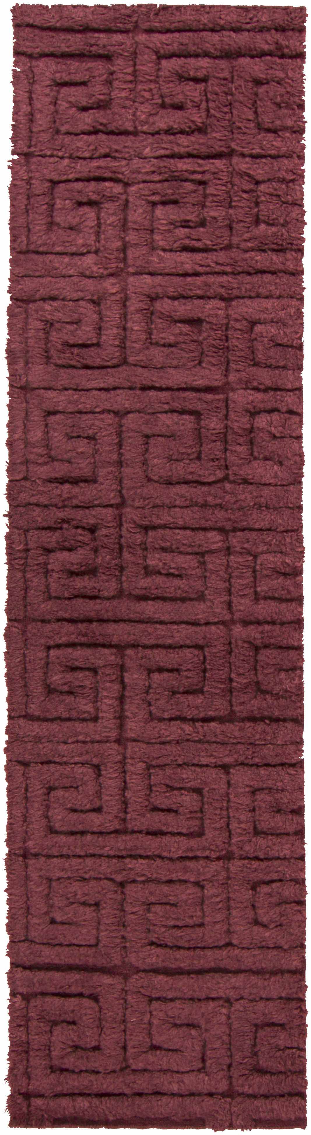 Lakota Area Carpet by Boutique Rugs, burgundy shag with geometric Greek key motif on Tampa Home & Garden Store