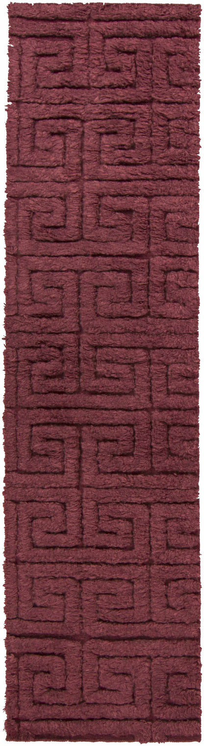 Lakota Area Carpet by Boutique Rugs, burgundy shag with geometric Greek key motif on Tampa Home & Garden Store