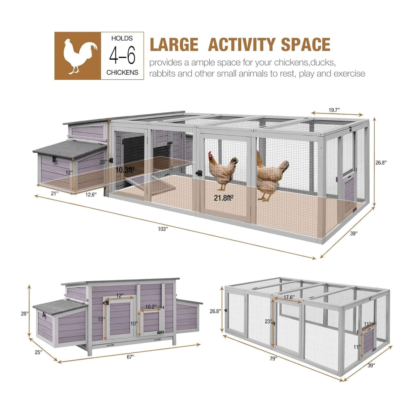 Large 103-inch outdoor chicken coop with run and nesting box for 4–6 chickens by SAKSBY on Tampa Home & Garden Store