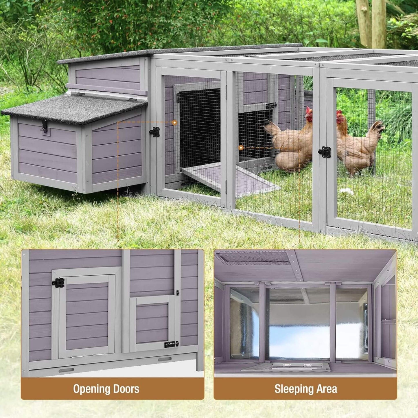Large 103-inch outdoor chicken coop, nesting box, gray wood, wire-mesh run for 4–6 chickens on Tampa Home & Garden Store