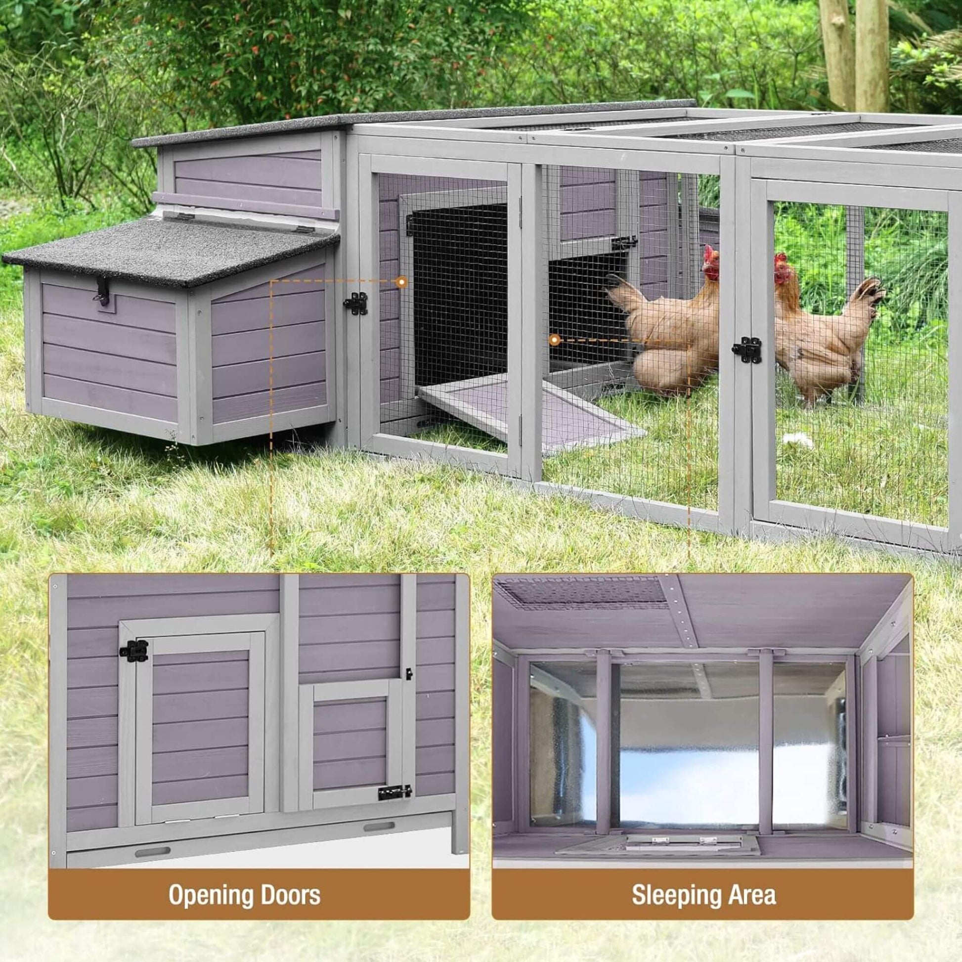 Large 103-inch outdoor chicken coop, nesting box, gray wood, wire-mesh run for 4–6 chickens on Tampa Home & Garden Store