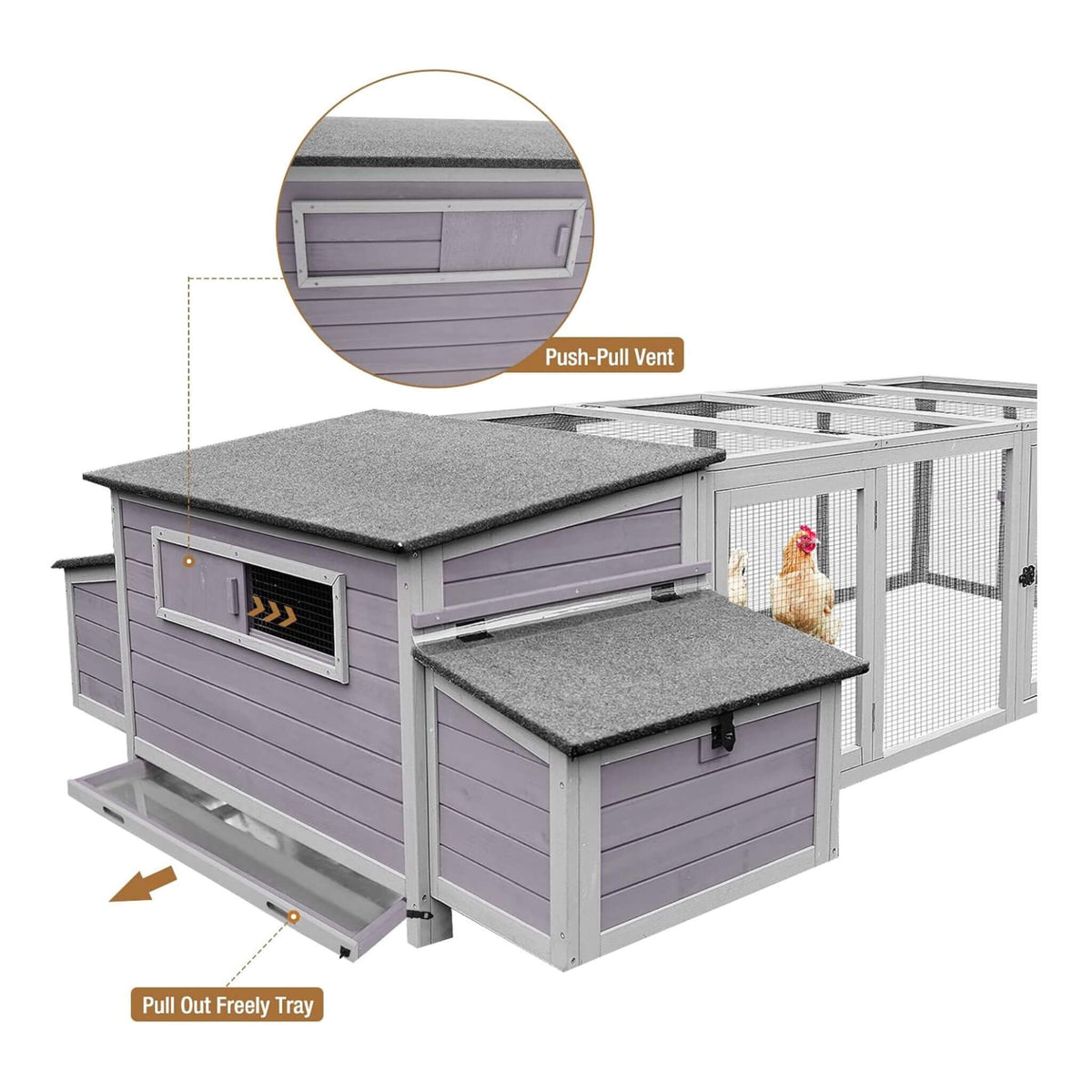Large 103-Inch outdoor chicken coop with run and nesting box, gray wood on Tampa Home & Garden Store