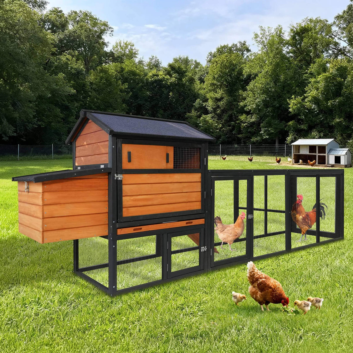 Large 114-inch outdoor wooden chicken coop with run and nesting box, orange siding, black frame on Tampa Home & Garden Store