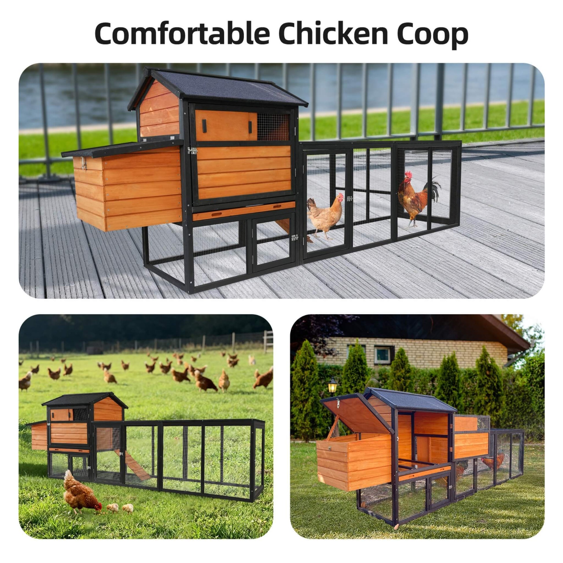 Large 114-inch wooden chicken coop with run and nesting box orange-brown with black frame on Tampa Home & Garden Store