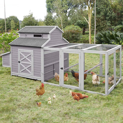 Large 115-inch portable chicken coop with run, nesting boxes, gray exterior and chickens on Tampa Home & Garden Store