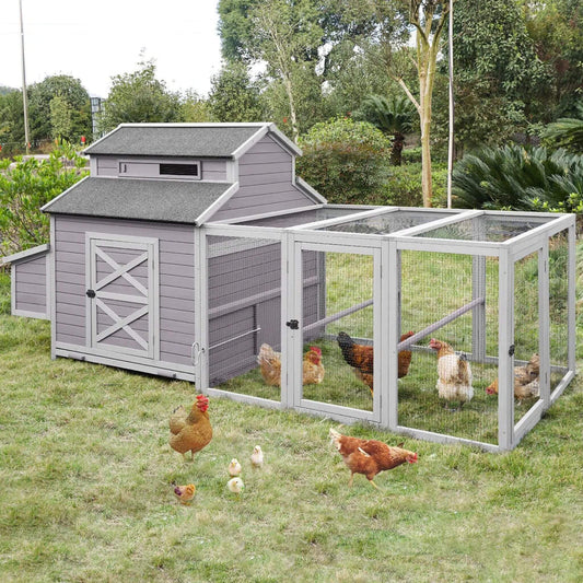 Large 115-inch portable chicken coop with run, nesting boxes, gray exterior and chickens on Tampa Home & Garden Store