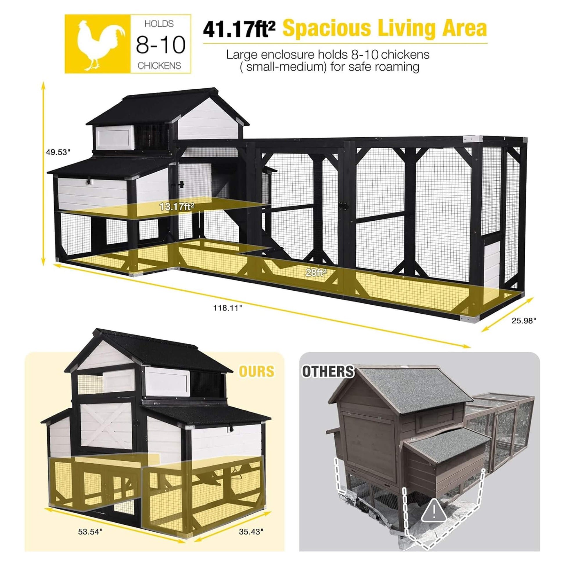 Large 118-inch outdoor wooden chicken coop with extended run and 6 nesting boxes for 8-10 chickens on Tampa Home & Garden Store