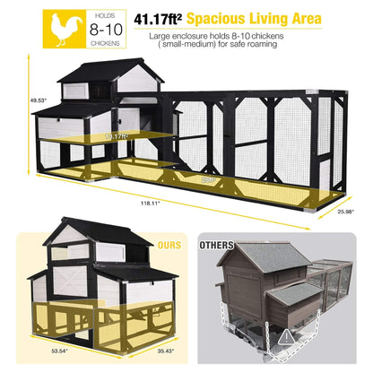 Large 118-inch outdoor wooden chicken coop with extended run and 6 nesting boxes for 8-10 chickens on Tampa Home & Garden Store