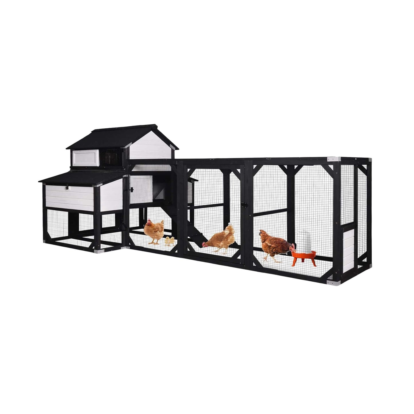 Large 118-inch outdoor wooden chicken coop with extended run, black frame, white panels on Tampa Home & Garden Store