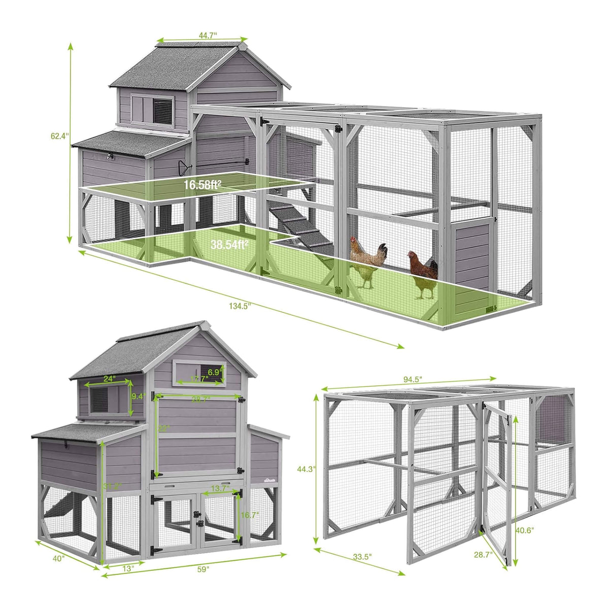 Large 137-inch wooden chicken coop with run and 6 nesting boxes, gray by SAKSBY WHOLESALE on Tampa Home & Garden Store