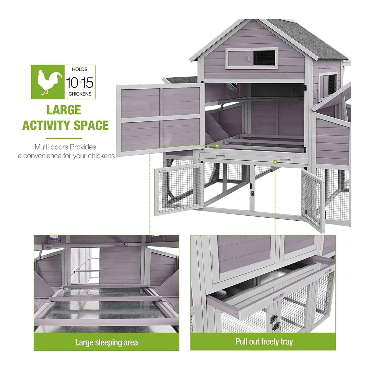 Large 137-inch lavender wooden chicken coop with run and 6 nesting boxes by SAKSBY WHOLESALE on Tampa Home & Garden Store