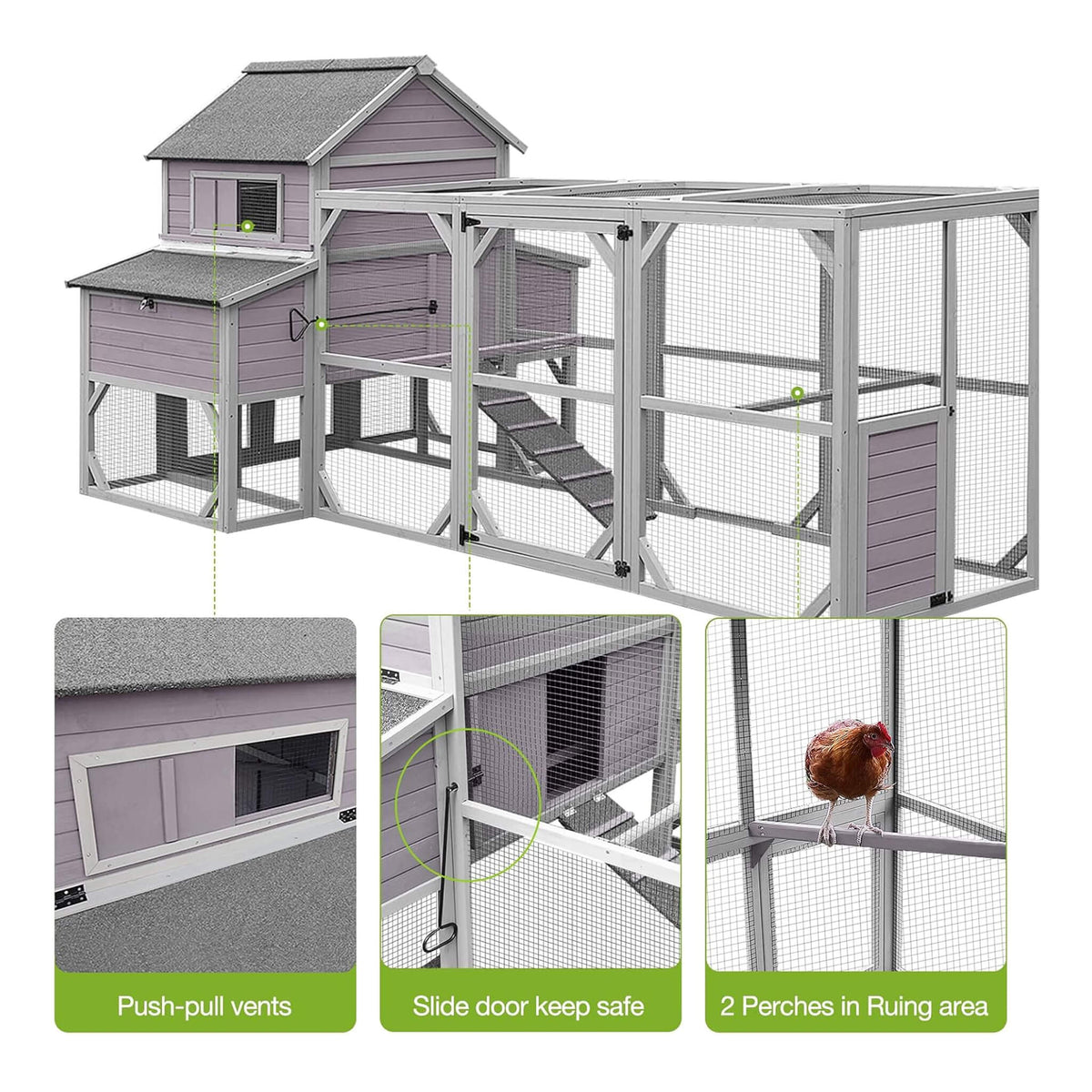 Large 137-inch wooden chicken coop with run, 6 nesting boxes, lavender siding by SAKSBY WHOLESALE on Tampa Home & Garden Store