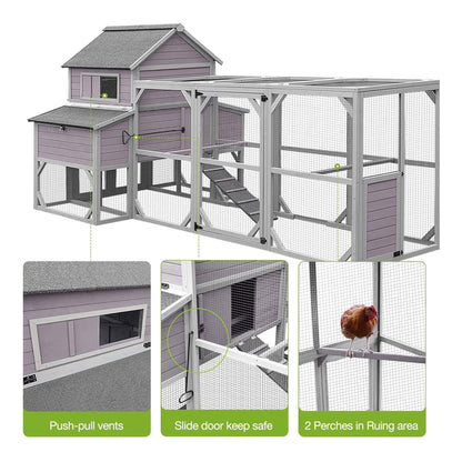 Large 137-inch wooden chicken coop with run, 6 nesting boxes, lavender siding by SAKSBY WHOLESALE on Tampa Home & Garden Store