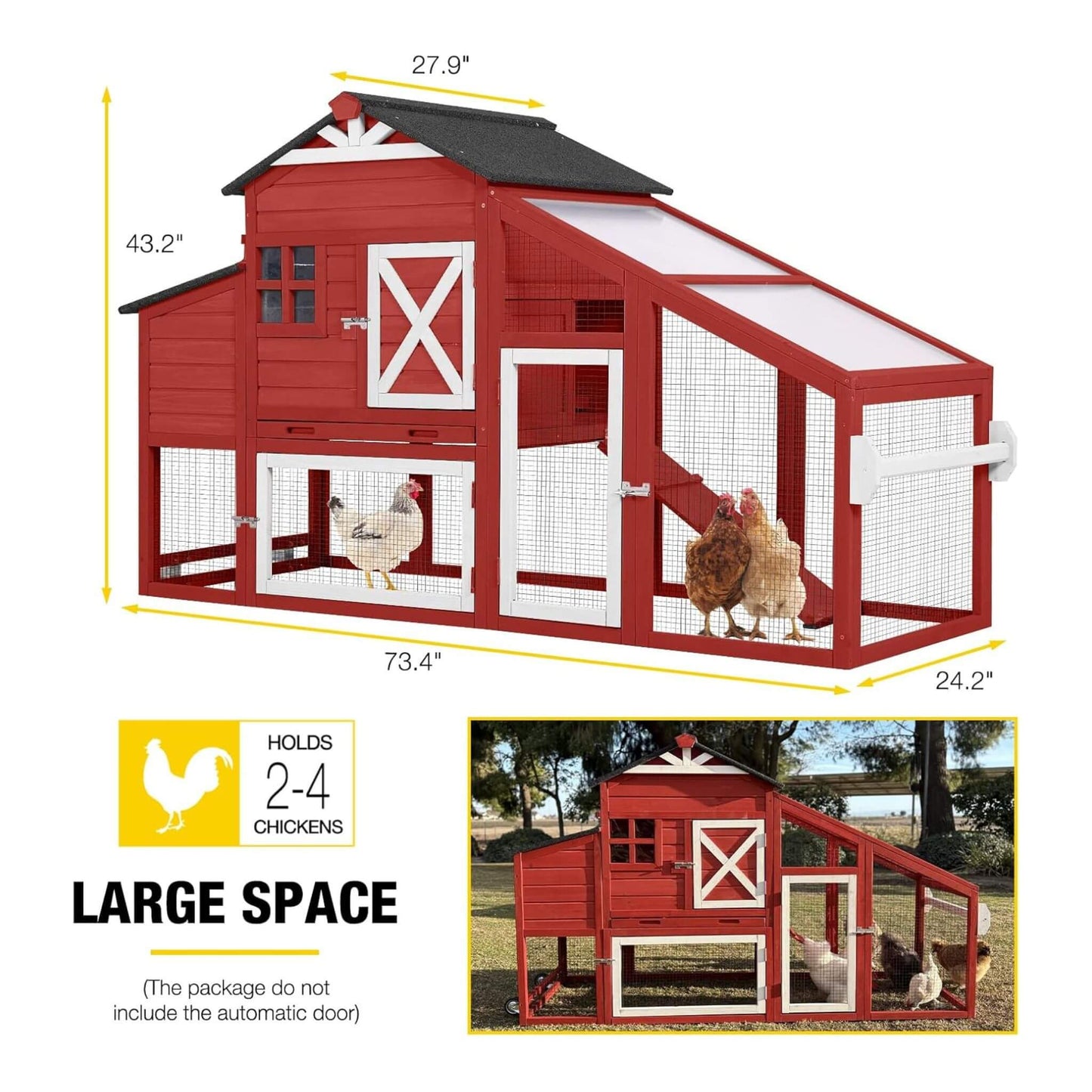 Large red 73-inch portable chicken coop with wheels, nesting box and wire mesh enclosure on Tampa Home & Garden Store
